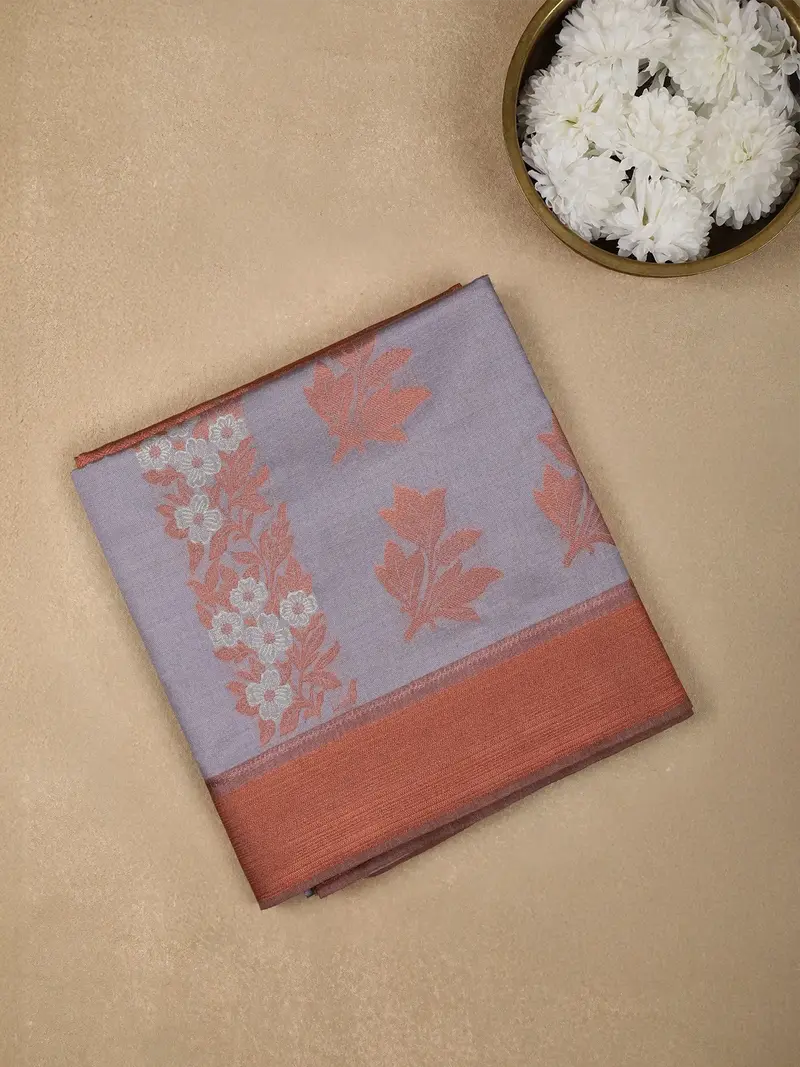 Grey Semi Tussar Silk Floral Designed Saree 1