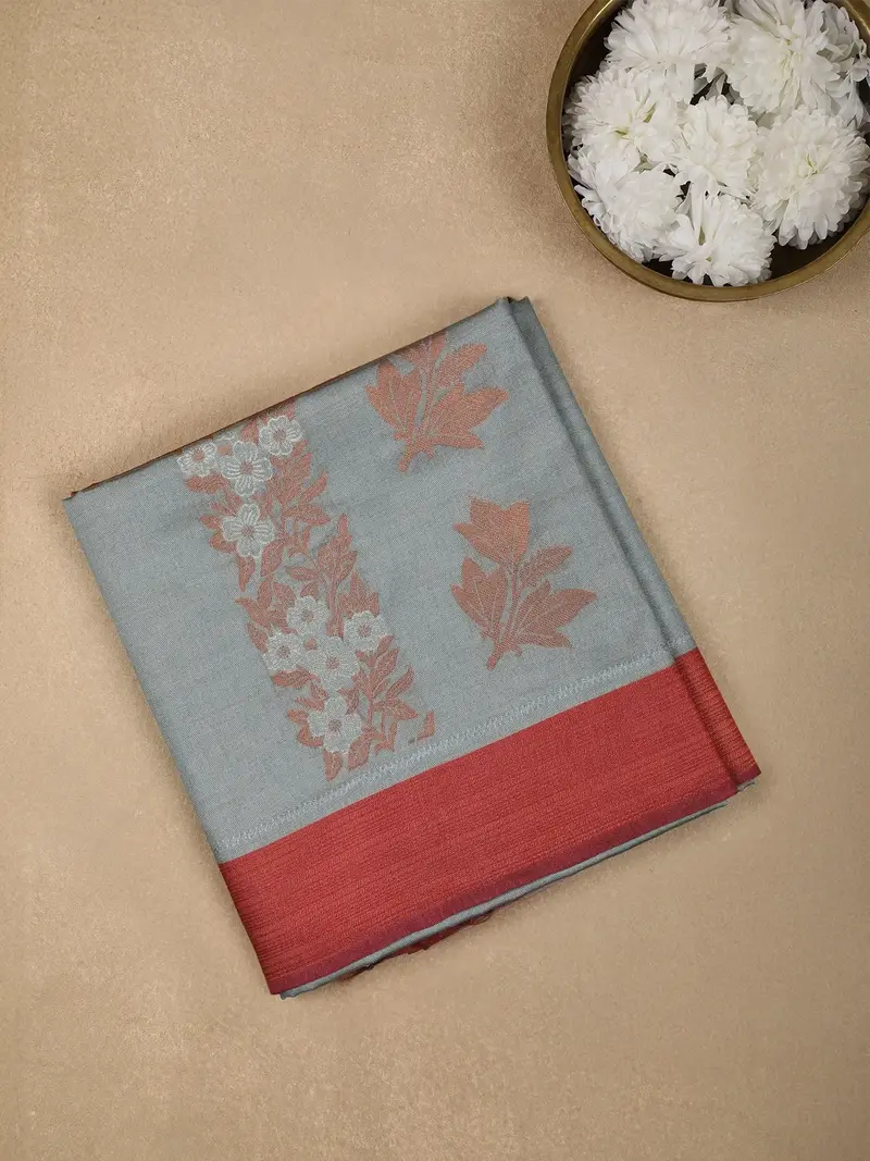 Grey Semi Tussar Silk Floral Designed Saree 1
