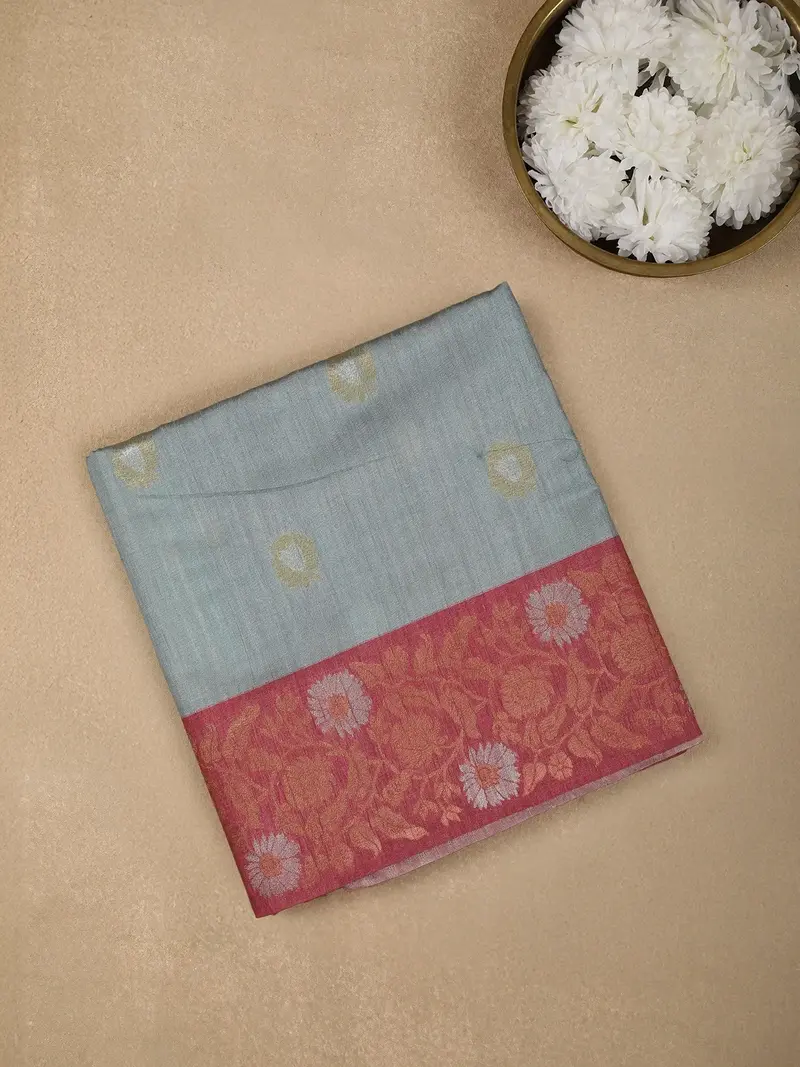 Grey Semi Tussar Silk Floral Designed Saree 1