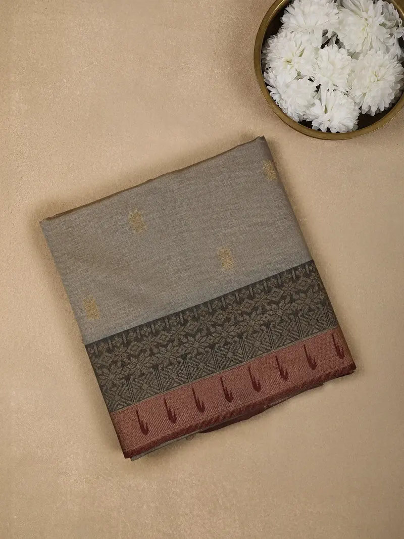 Grey Semi Tussar Silk Floral Designed Saree 1