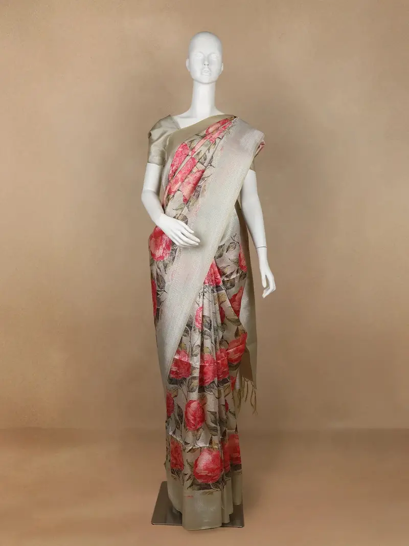 Grey Semi Tussar Silk Floral Designed Saree 1