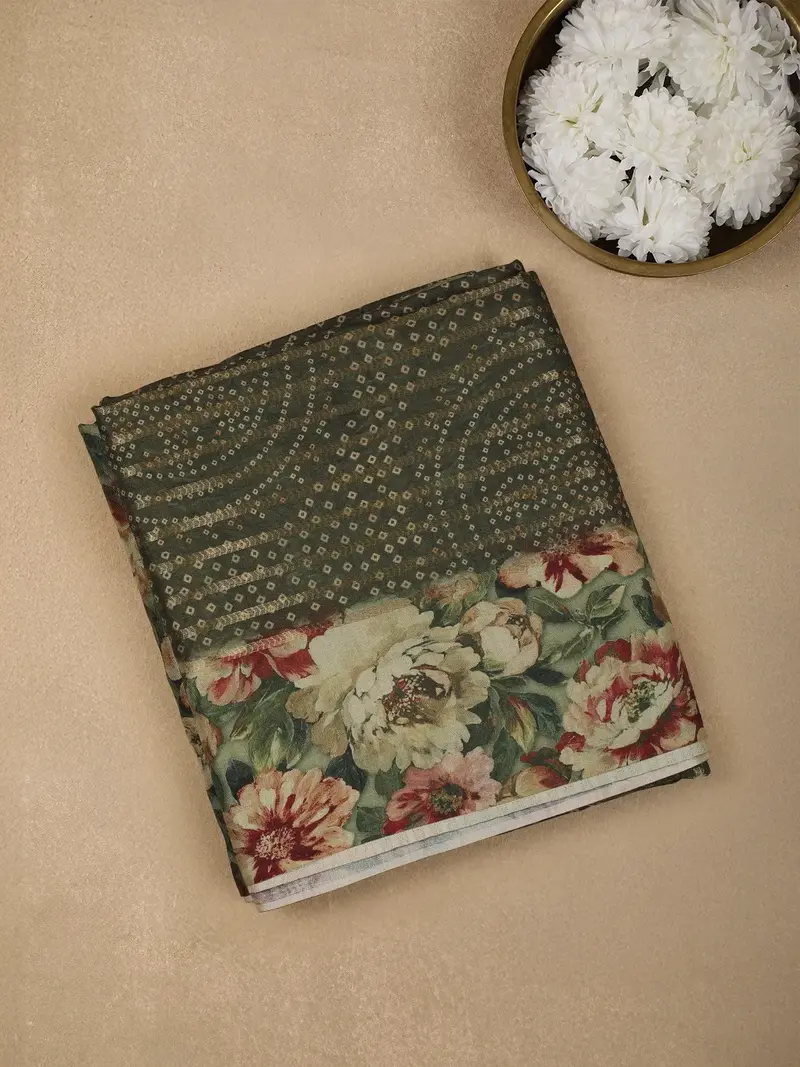 Grey Semi Tussar Silk Floral Prints Saree 1