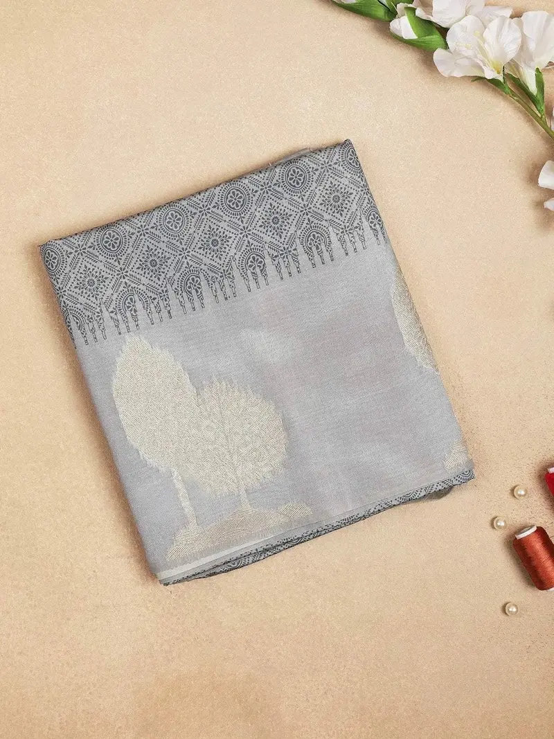 Grey Semi Tussar Silk Saree With Geometric Design On The Body And Without Border 1
