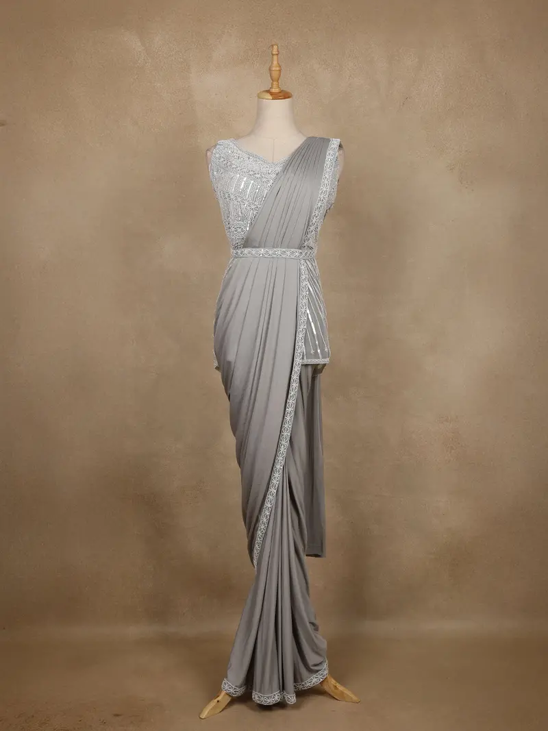 Grey Sequins Embroidered Lyrca Ready To Wear Saree With Designer Blouse 1