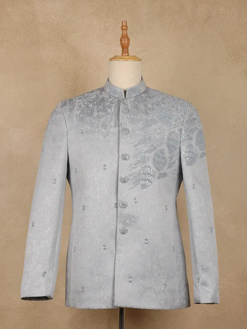 Grey Sequins Embroidered Viscose Men’S Suit 1