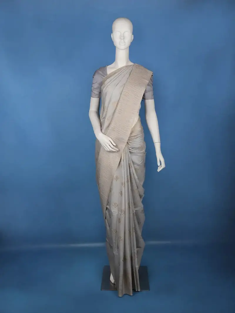 Grey Shell Motif Design Semi Tussar Silk Saree 1