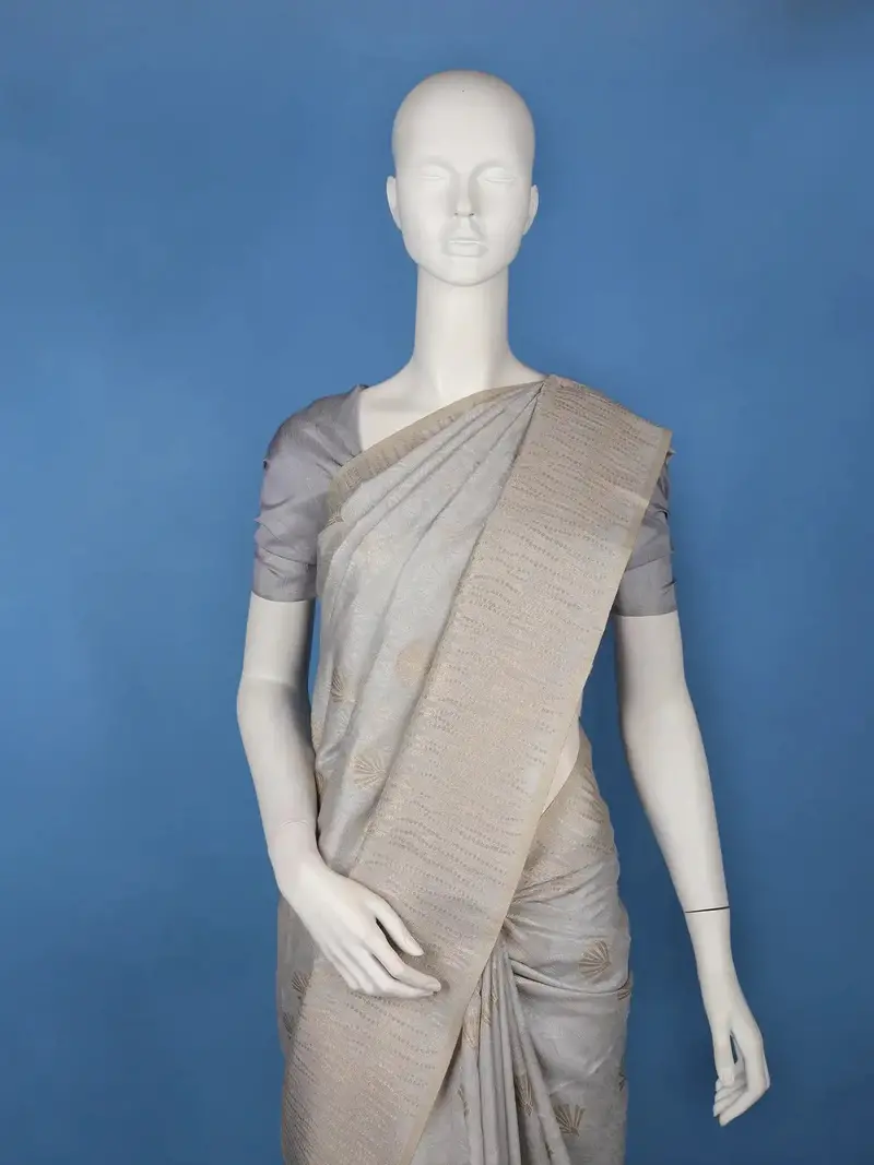 Grey Shell Motif Design Semi Tussar Silk Saree 2