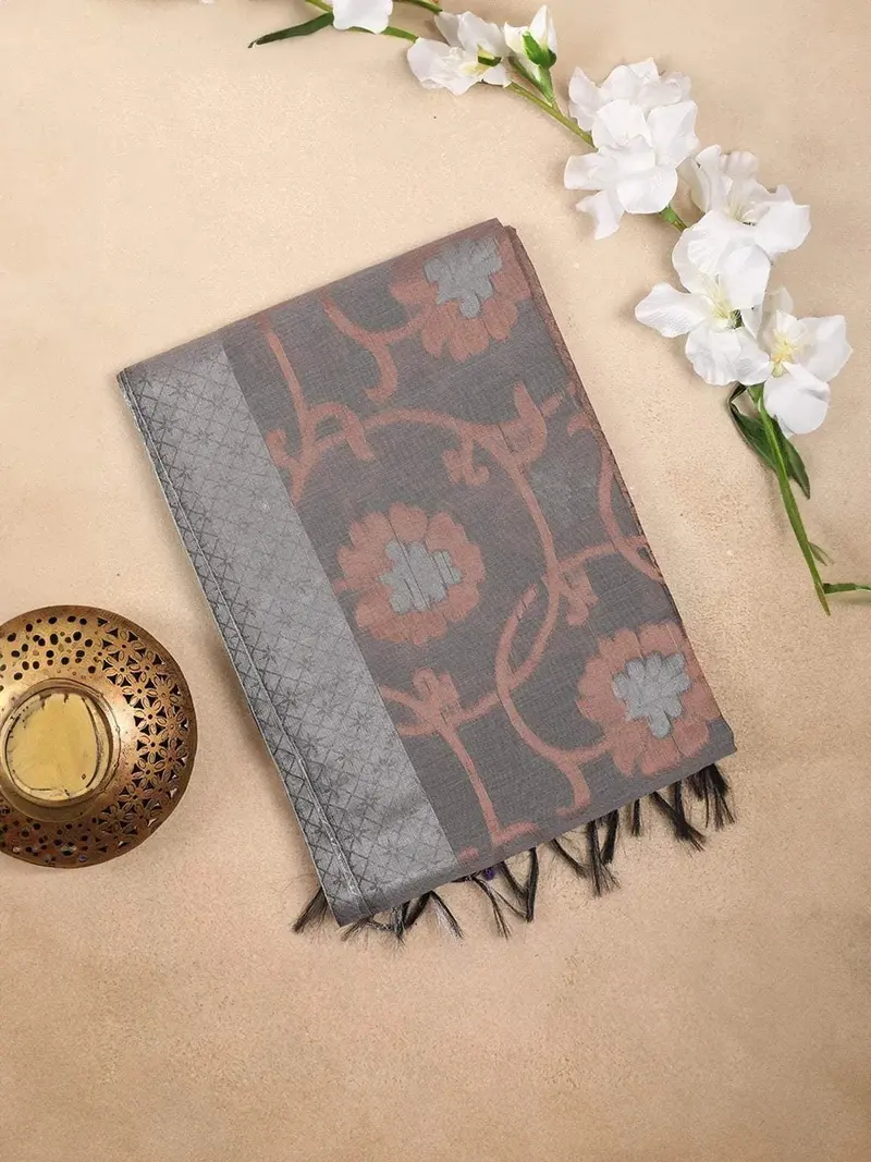Grey Silk Cotton Saree With Flower Design On The Body With Matching Border 1