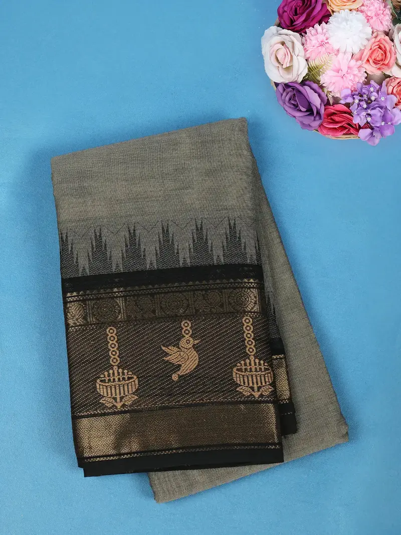 Grey Solid Cotton Saree With Zari Woven Border 1