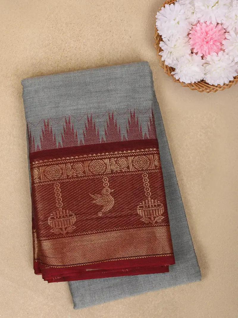 Grey Solid Design Cotton Saree With Contrast Maroon Zari Border 1