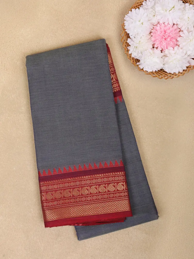 Grey Solid Design Cotton Saree With Contrast Red Zari Border 1