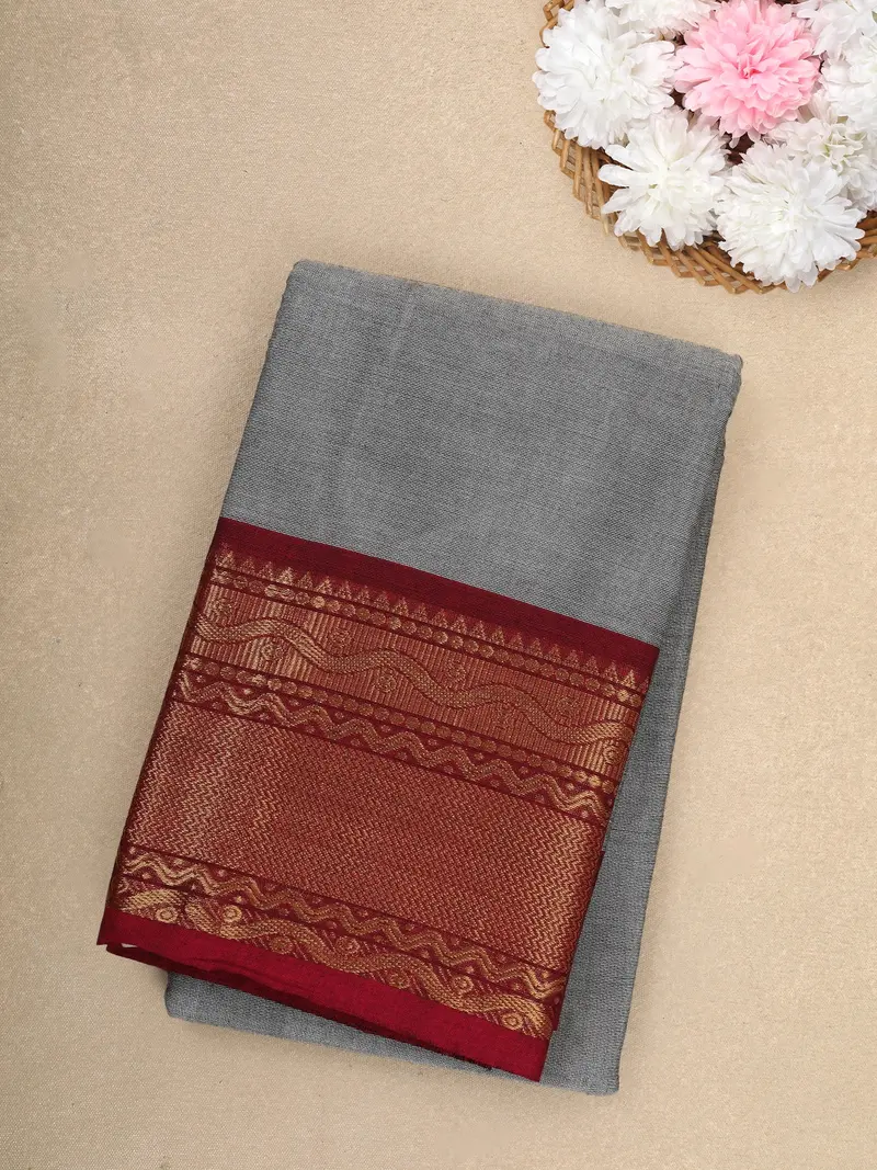 Grey Solid Design Cotton Saree With Red Zari Woven Border 1