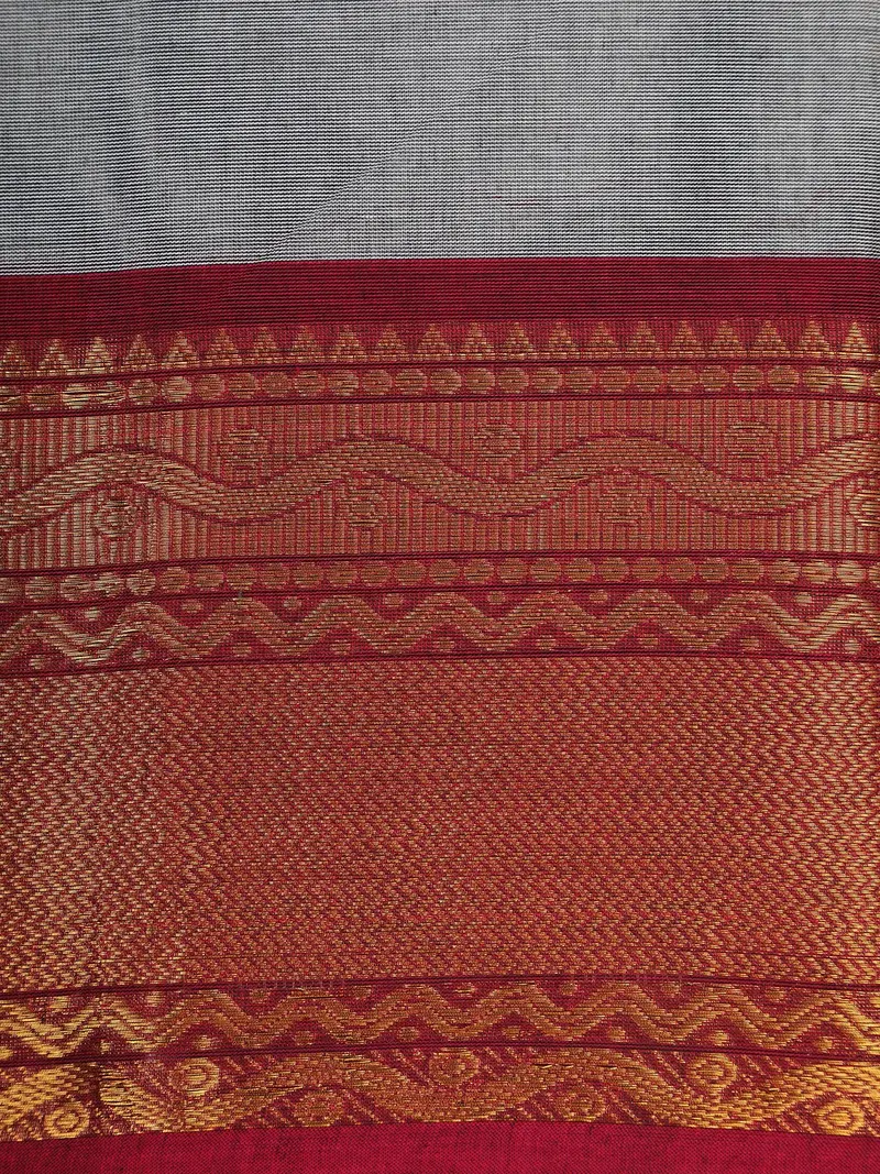 Grey Solid Design Cotton Saree With Red Zari Woven Border 2