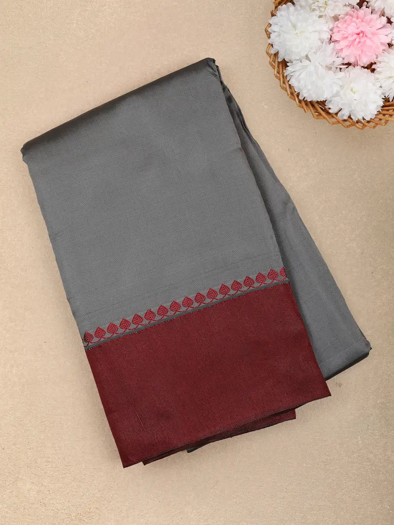 Grey Solid Design Soft Silk Fancy Wear Saree With Contrast Border 1