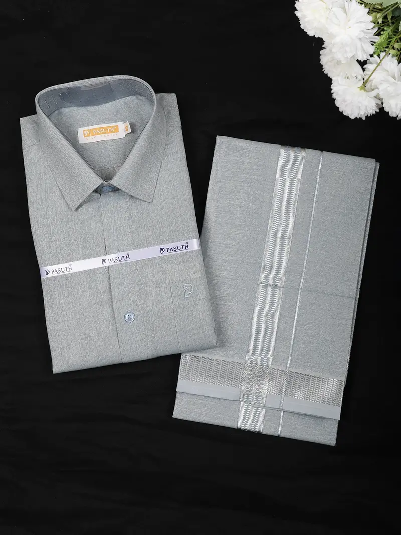 Grey Solid Woven Design Shirt With Silver Zari Border Matching Dhoti Set 1