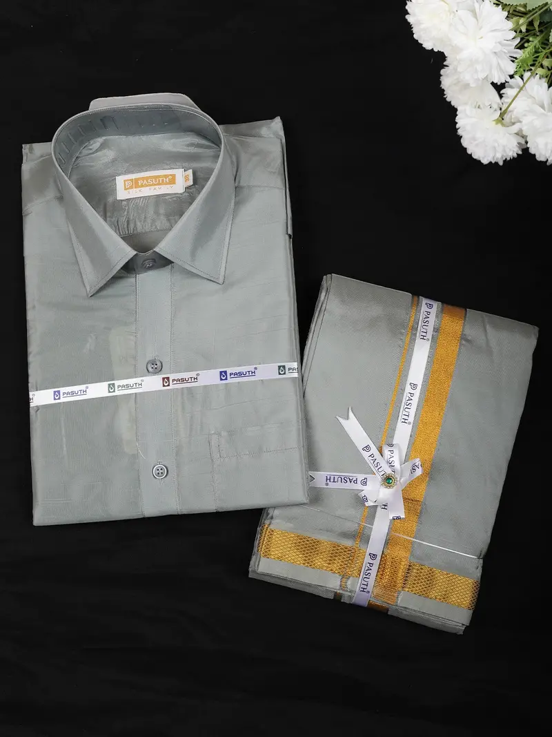 Grey Solid Woven Design Shirt With Zari Border Matching Dhoti Set 1