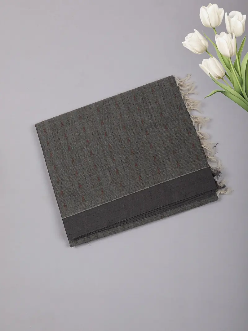 Grey Striped Ikat-Inspired Woven Cotton Saree With Solid Border 1