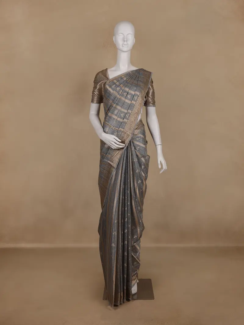 Grey Striped Woven Design Tissue Silk Saree 1