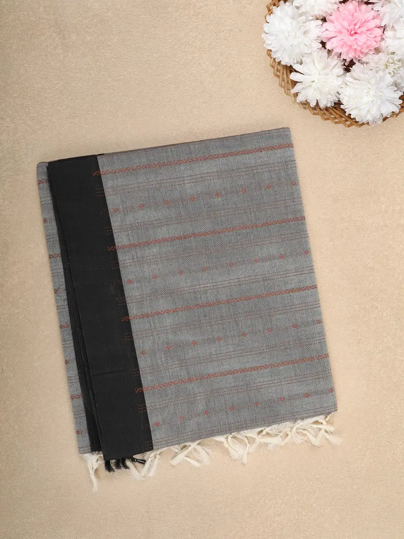 Grey Stripes Design Cotton Saree With Contrast Black Border 1