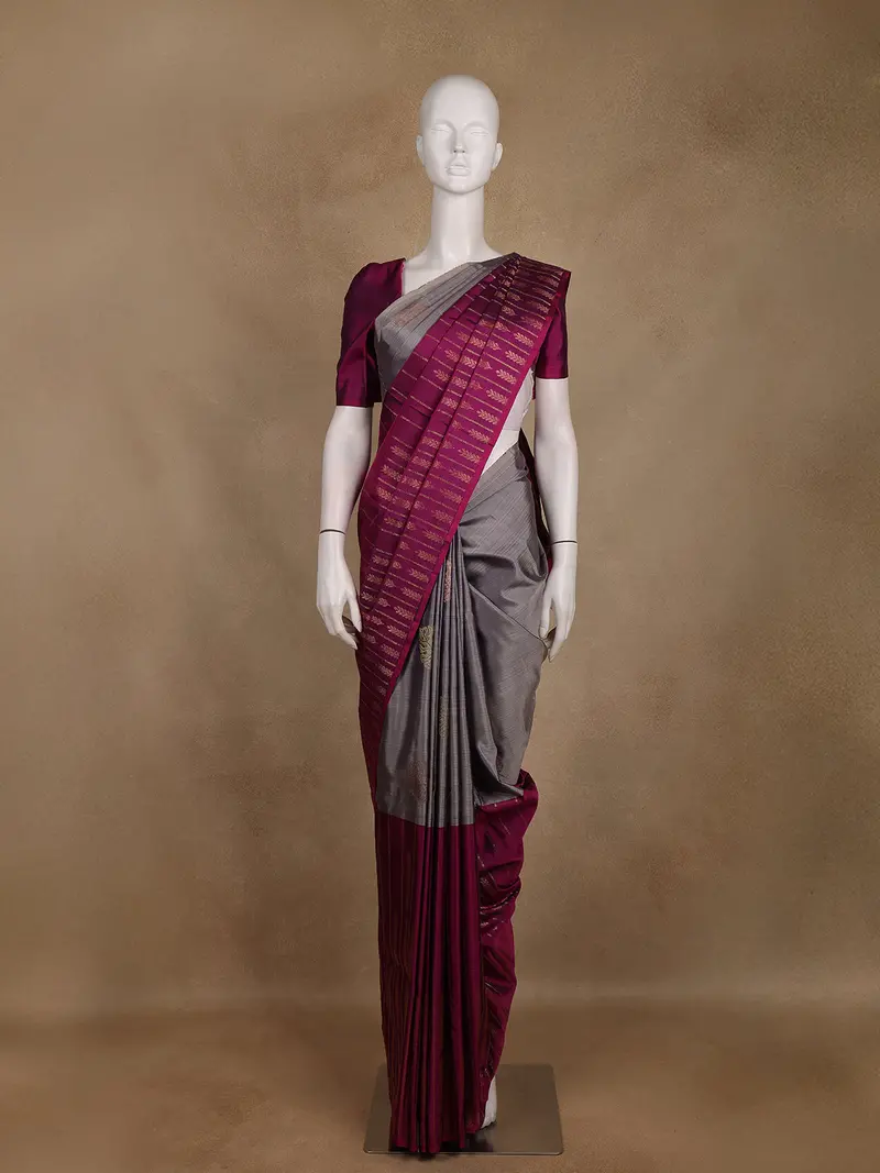 Grey Stripes Woven Design Kanchipuram Silk Saree 1