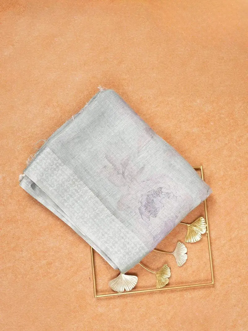 Grey Tussar Silk Saree With Floral Design On The Body With Designed Border 1