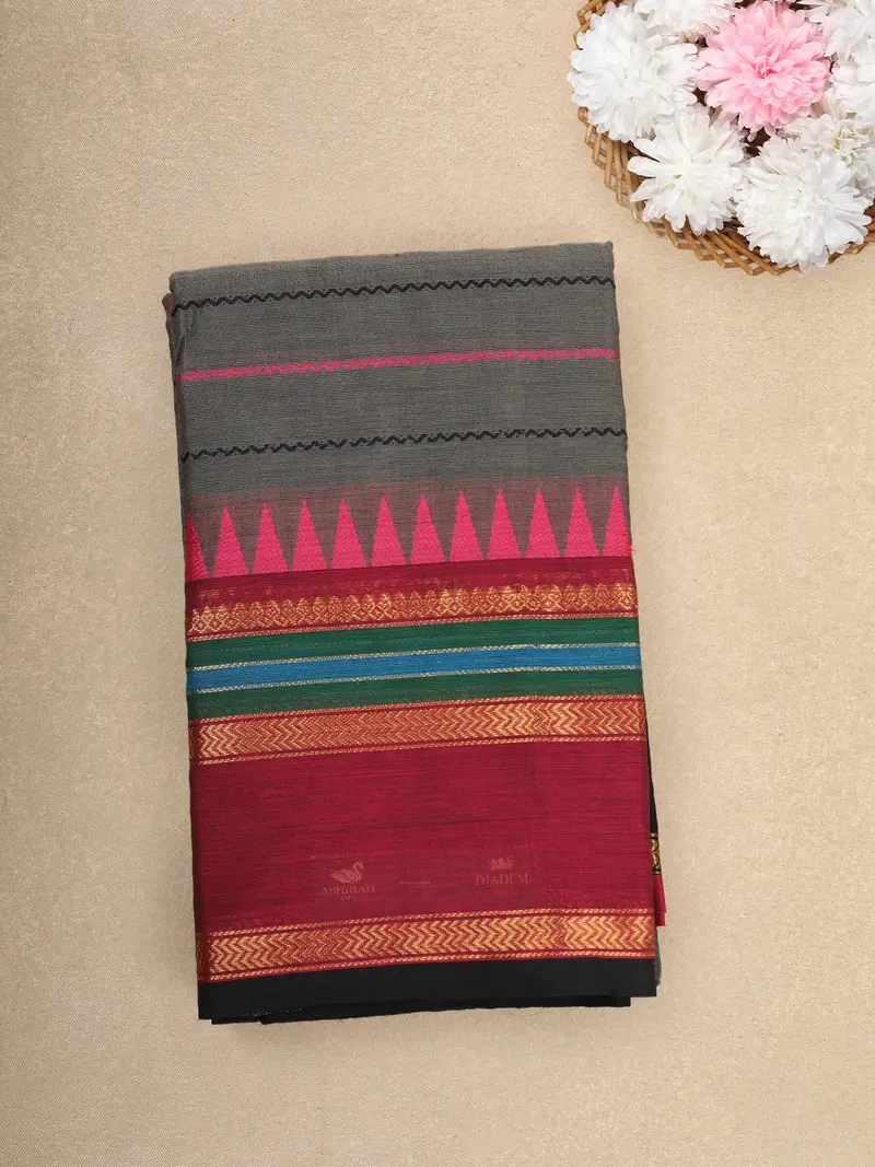 Grey Zigzag Design Cotton Saree With Contrast Zari Woven Border 1