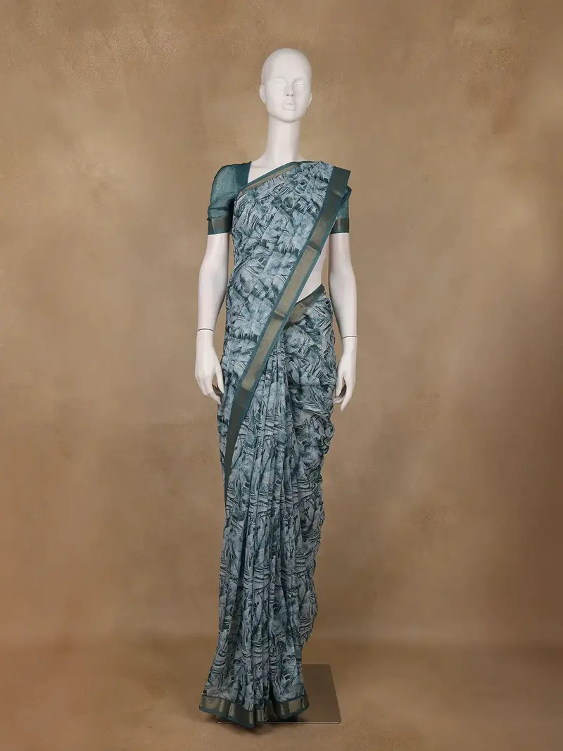 Greyish Blue Abstract Designed Semi Tussar Saree 1
