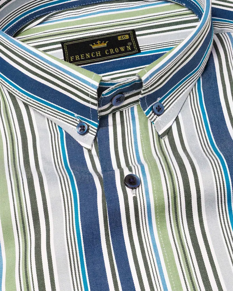 Greyish Green And Geyser Grey Striped Twill Textured Premium Cotton Shirt 1