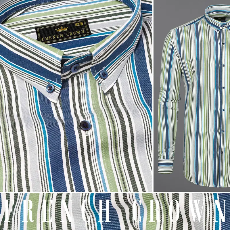 Greyish Green And Geyser Grey Striped Twill Textured Premium Cotton Shirt 10
