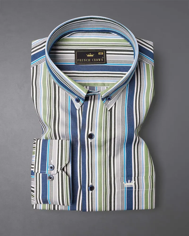 Greyish Green And Geyser Grey Striped Twill Textured Premium Cotton Shirt 3