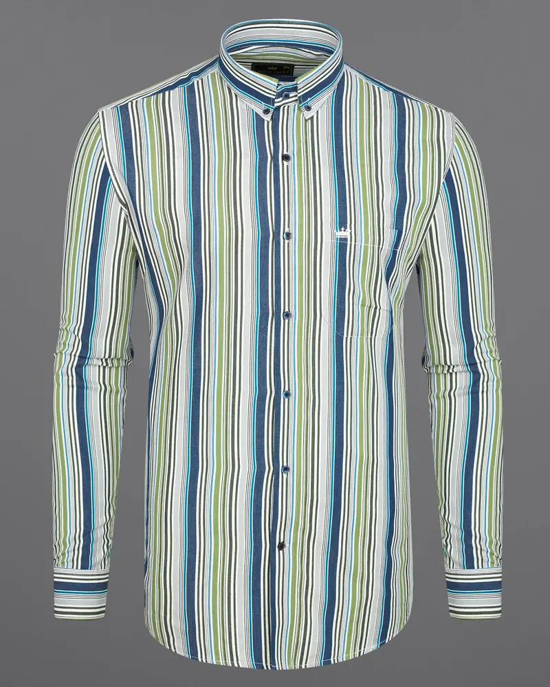 Greyish Green And Geyser Grey Striped Twill Textured Premium Cotton Shirt 5