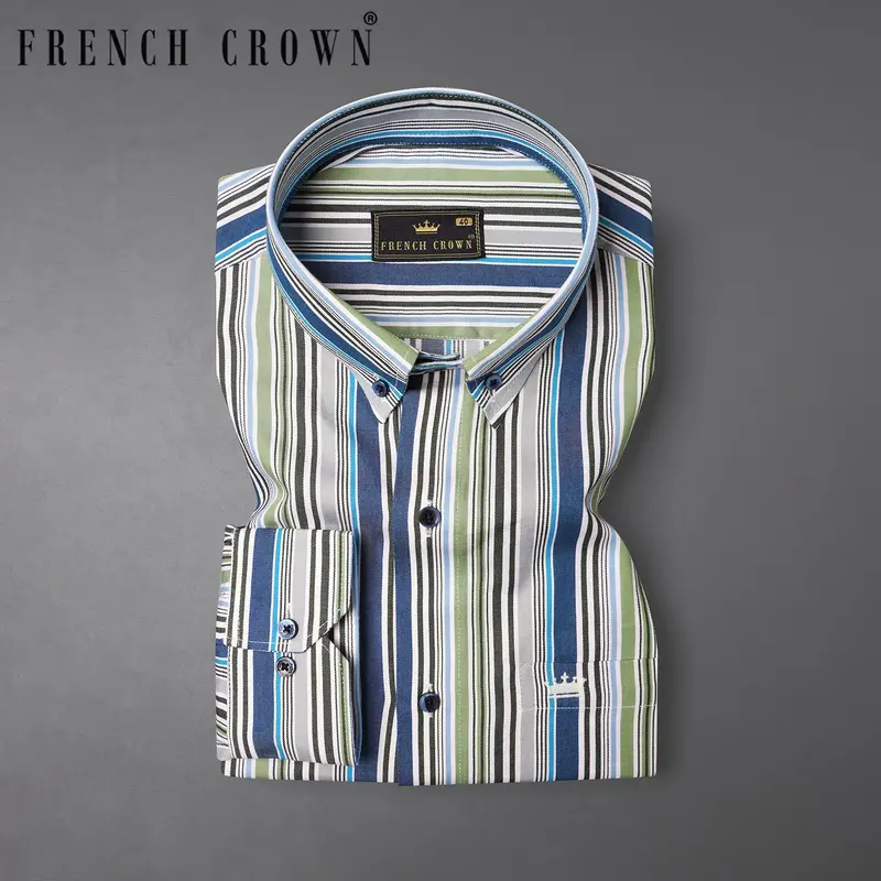 Greyish Green And Geyser Grey Striped Twill Textured Premium Cotton Shirt 7