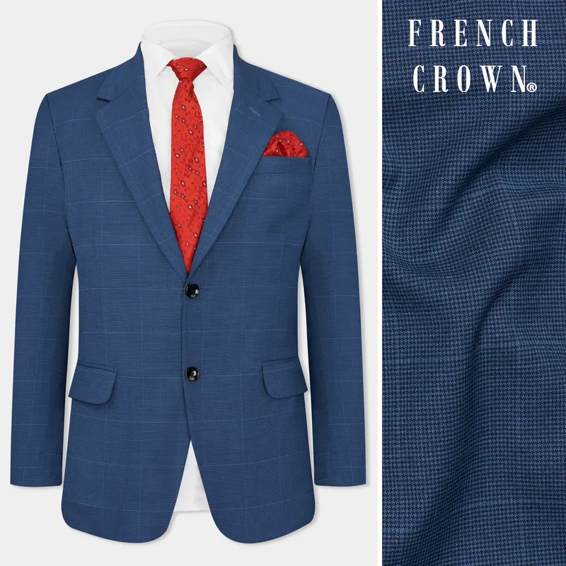 Gun Powder Blue Windowpane Wool Rich Stretchable Traveler Blazer 1