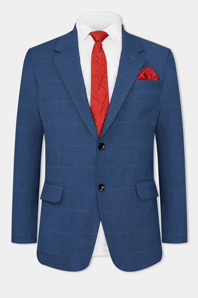Gun Powder Blue Windowpane Wool Rich Stretchable Traveler Blazer 2