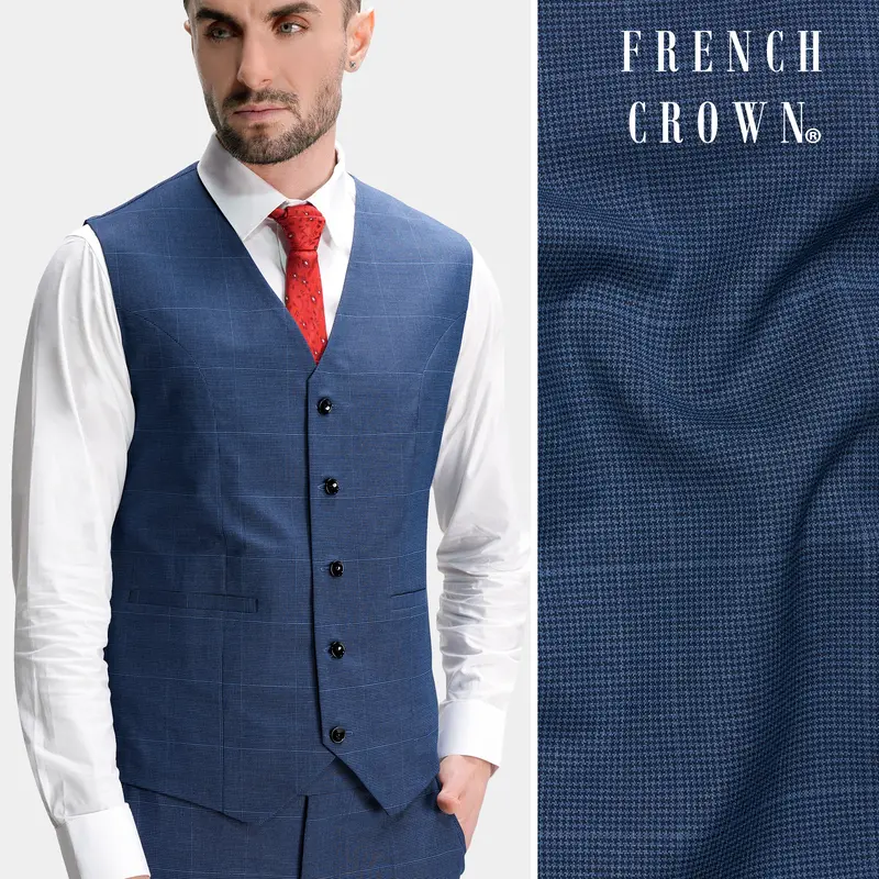 Gun Powder Blue Windowpane Wool Rich Stretchable Traveler Waistcoat 1