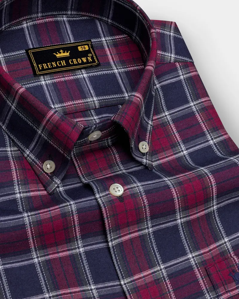Gunmetal Blue And Claret Red Twill Plaid Premium Cotton Shirt 1