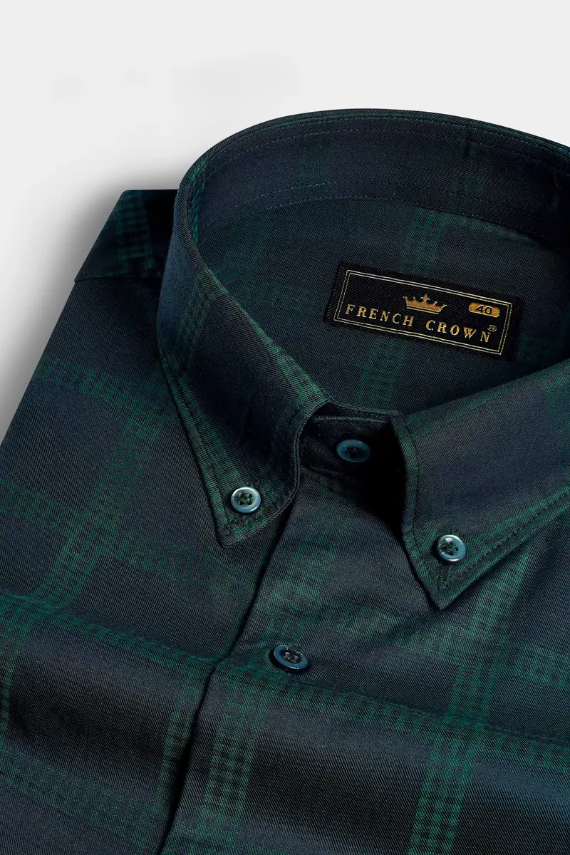 Gunmetal Blue And Plantation Green Checkered Jacquard Textured Premium Giza Cotton Shirt 1