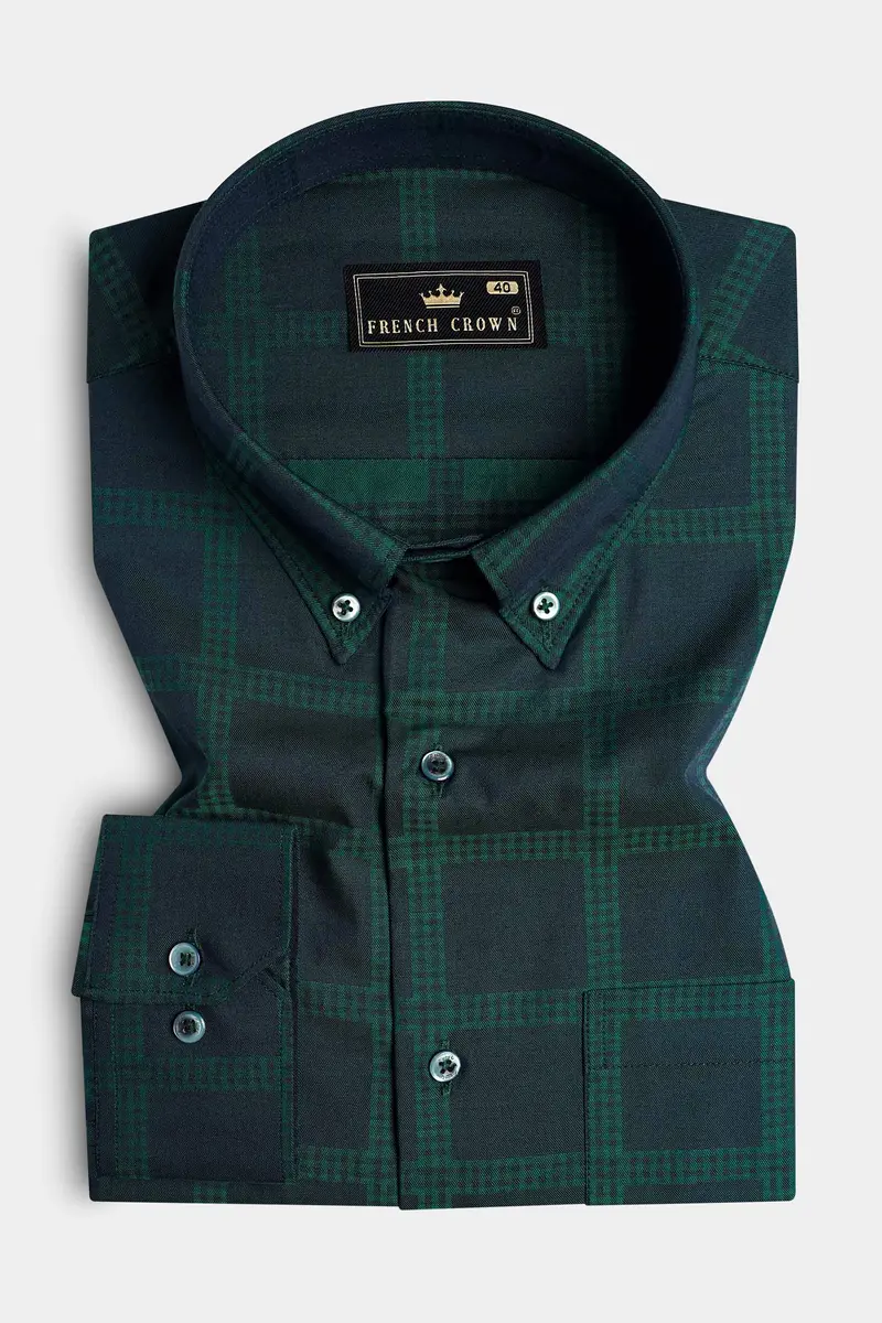 Gunmetal Blue And Plantation Green Checkered Jacquard Textured Premium Giza Cotton Shirt 3