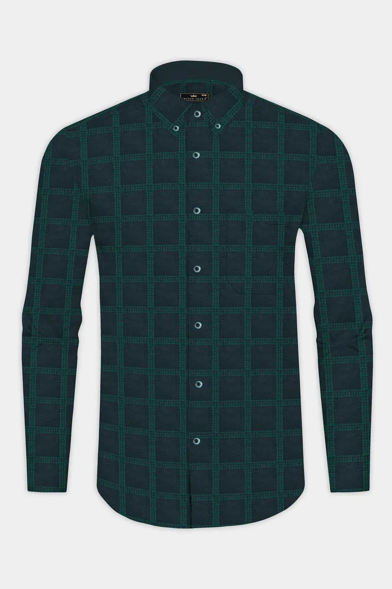 Gunmetal Blue And Plantation Green Checkered Jacquard Textured Premium Giza Cotton Shirt 4
