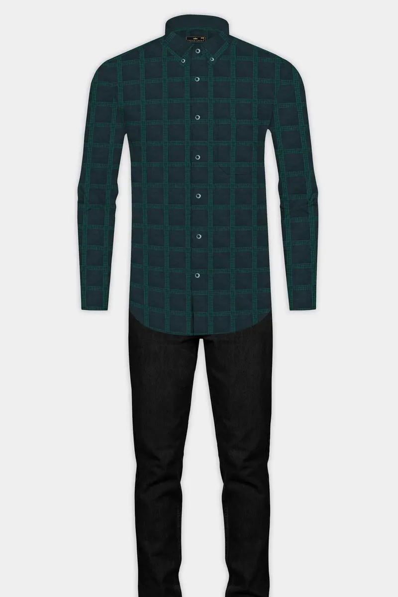 Gunmetal Blue And Plantation Green Checkered Jacquard Textured Premium Giza Cotton Shirt 6