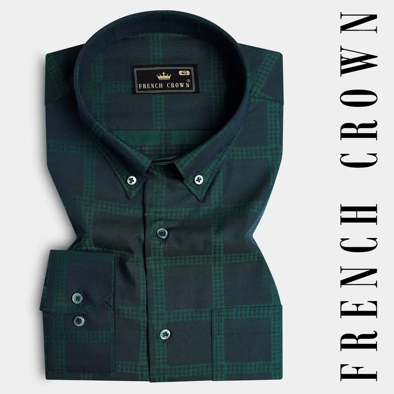 Gunmetal Blue And Plantation Green Checkered Jacquard Textured Premium Giza Cotton Shirt 7