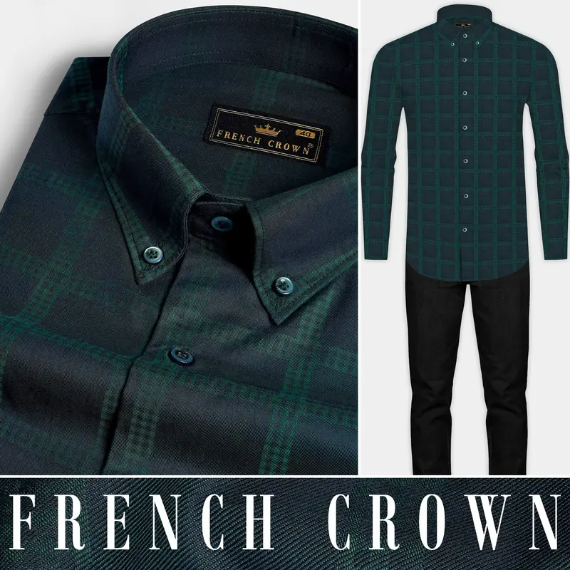 Gunmetal Blue And Plantation Green Checkered Jacquard Textured Premium Giza Cotton Shirt 8