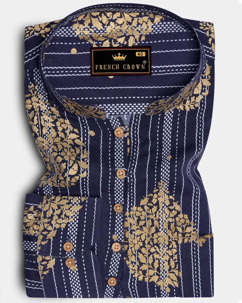 Gunmetal Blue And Tacao Golden Damask Foil Printed Premium Cotton Kurta Shirt 1