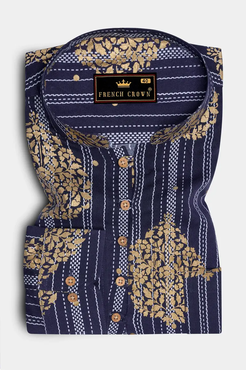 Gunmetal Blue And Tacao Golden Damask Foil Printed Premium Cotton Kurta Shirt 2