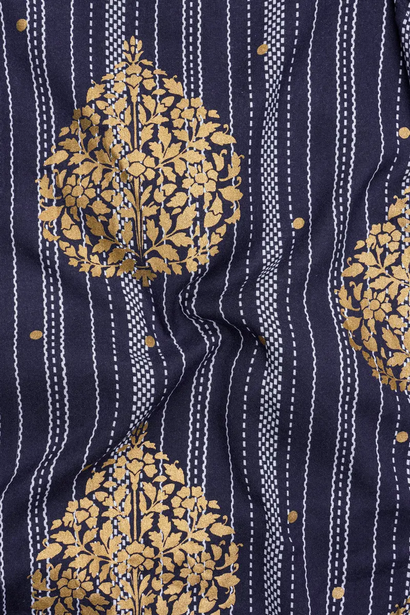 Gunmetal Blue And Tacao Golden Damask Foil Printed Premium Cotton Kurta Shirt 3