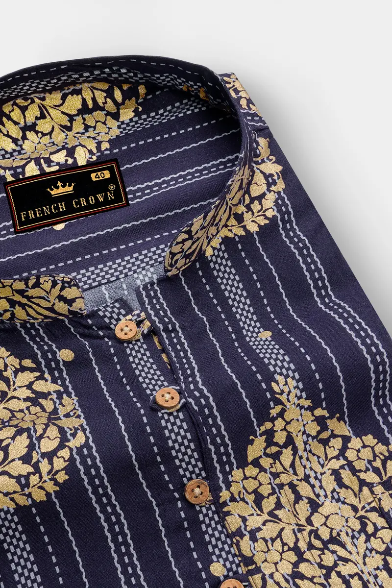 Gunmetal Blue And Tacao Golden Damask Foil Printed Premium Cotton Kurta Shirt 4