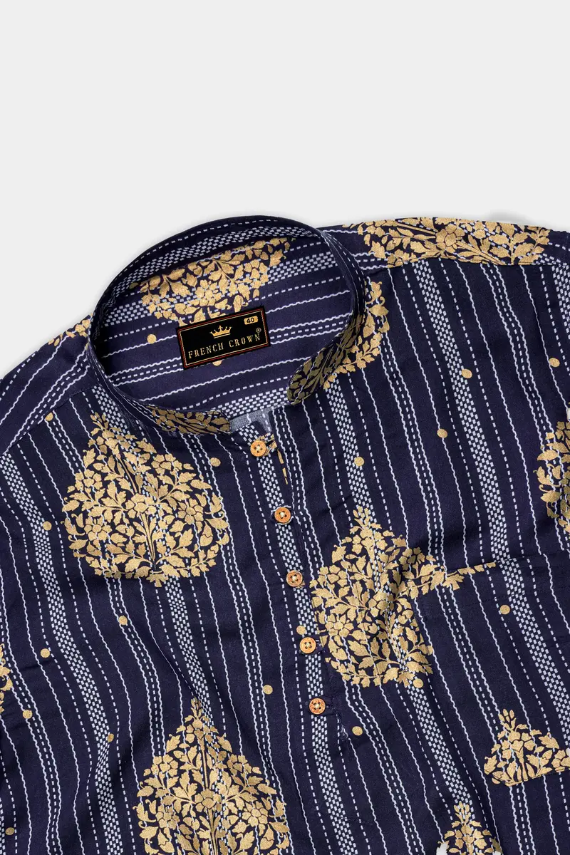 Gunmetal Blue And Tacao Golden Damask Foil Printed Premium Cotton Kurta Shirt 5