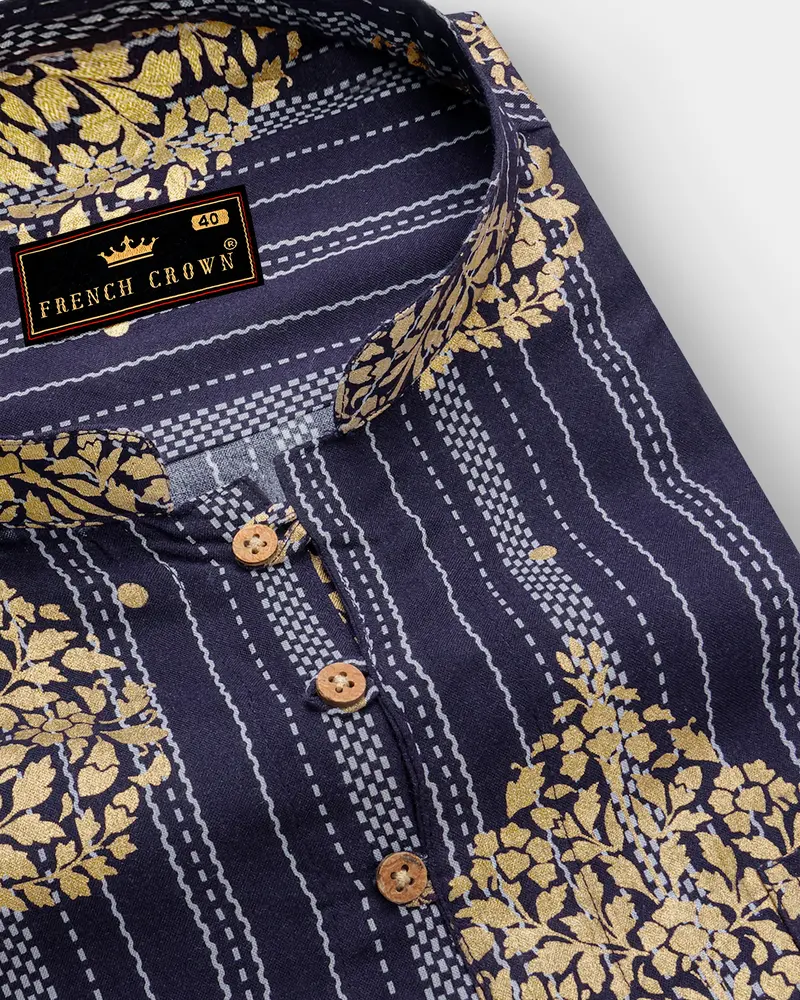 Gunmetal Blue And Tacao Golden Damask Foil Printed Premium Cotton Kurta Shirt 6