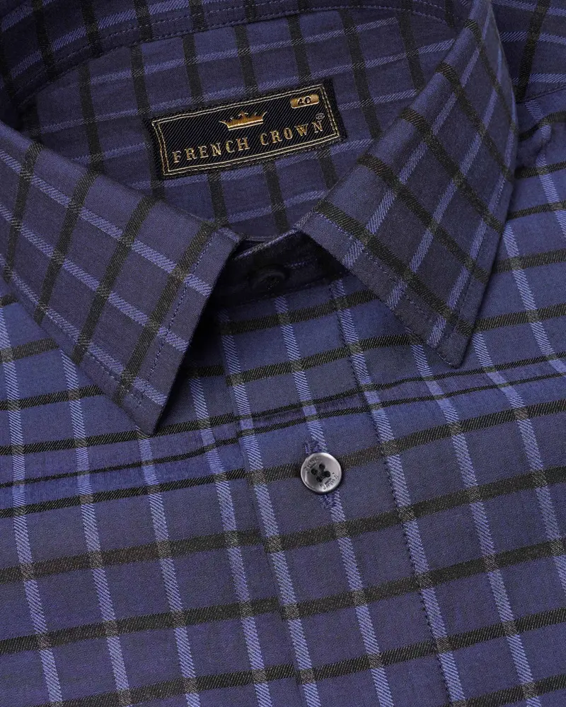 Gunmetal Blue Checkered Dobby Textured Premium Giza Cotton Shirt 1