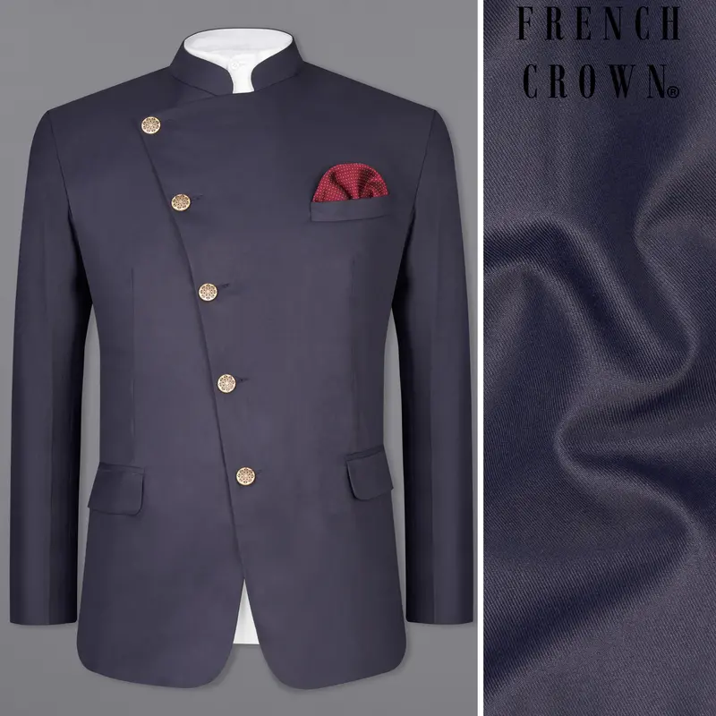 Gunmetal Blue Cross Placket Bandhgala Blazer 1